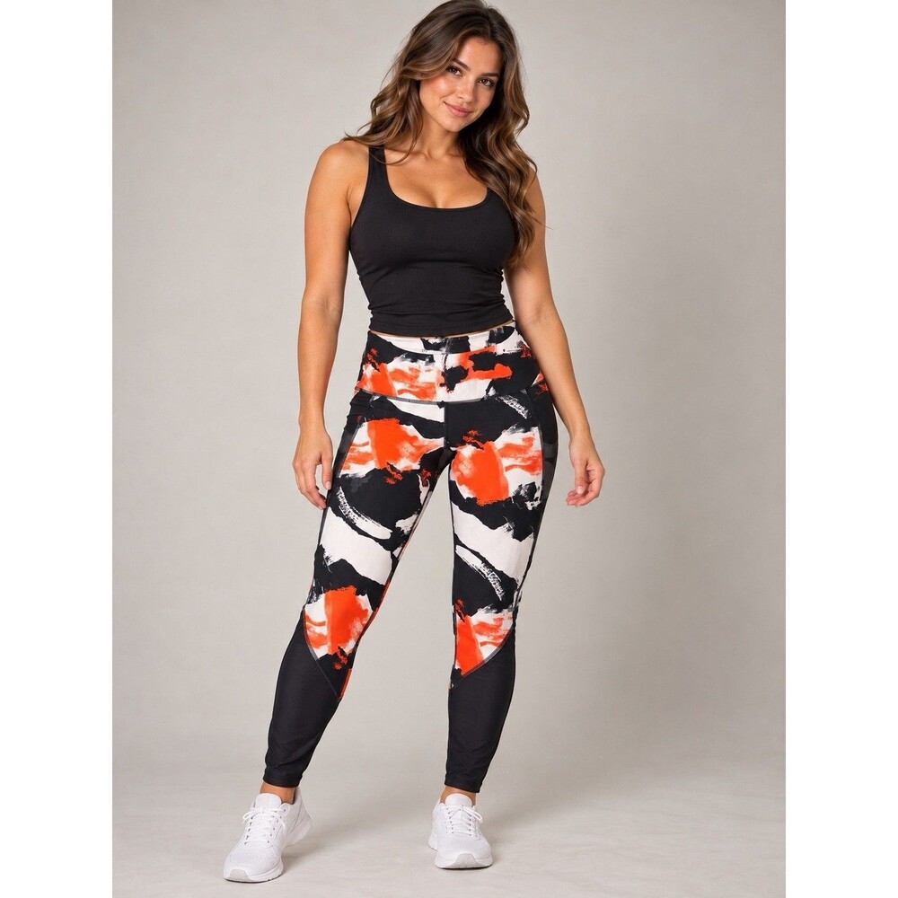Under Armour Women’s M HeatGear Compression Leggings Orange Black Mesh Panels